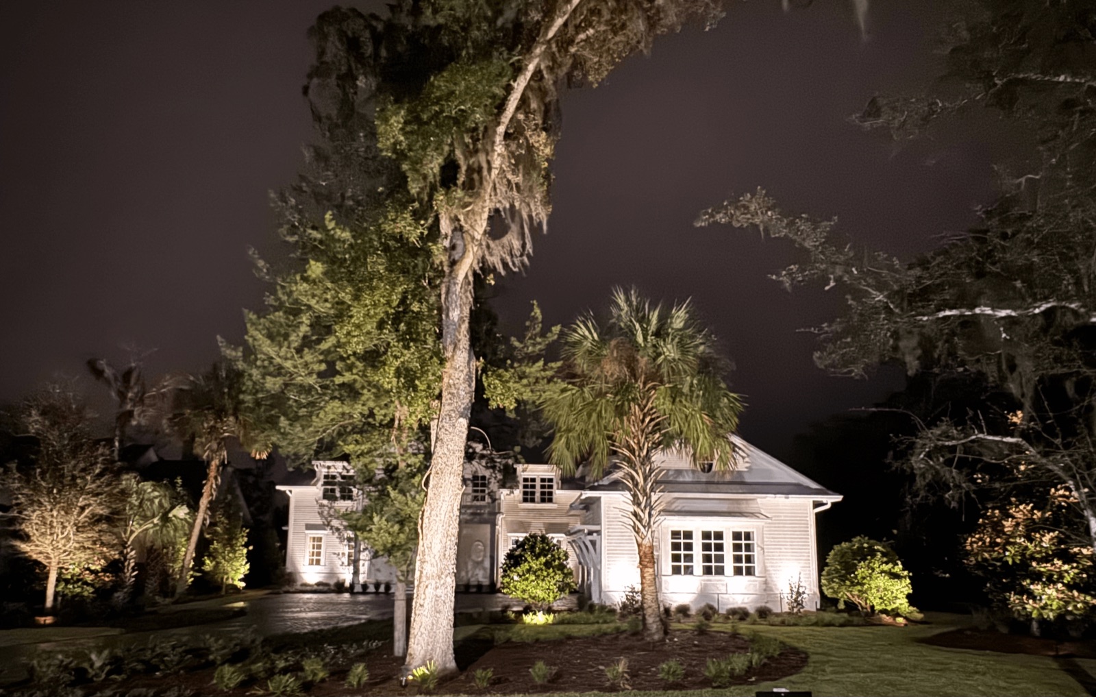 Coastal cottage under lit oaks